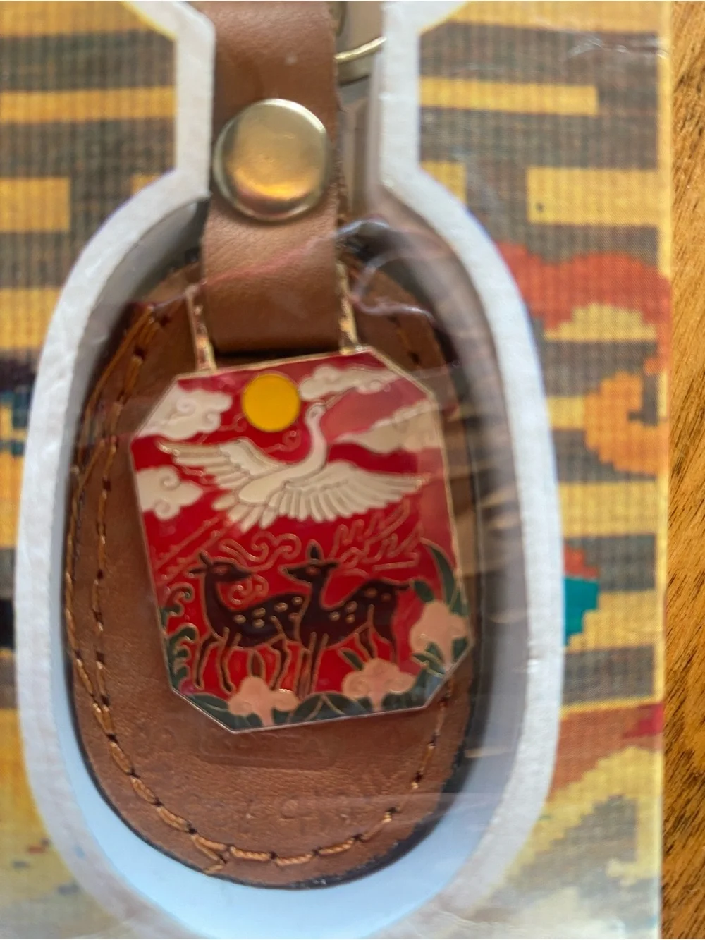 Vintage FONS Saechen Key Holder Crane & Sun Enamel Keychain Keyring NOS Korea